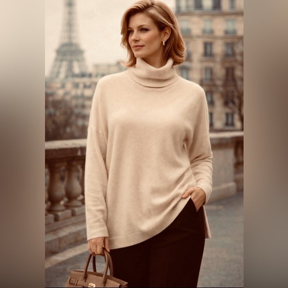 *State Cashmere -Pullover turtleneck sweater -Size M -cream beige